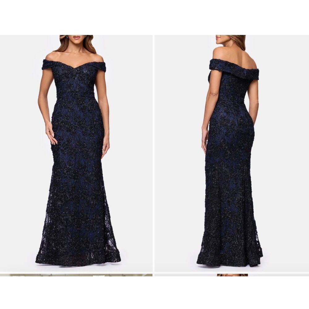 XSCAPE Off The Shoulder Evening Formal Navy Blue Gown Sequins Lace Size 12 NEW - Picture 2 of 10